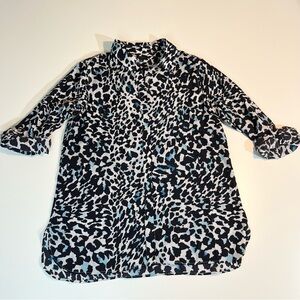 Talbots Multi-Color Blue Leopard Print Roll Up Sleeve Button Front Shirt Size L